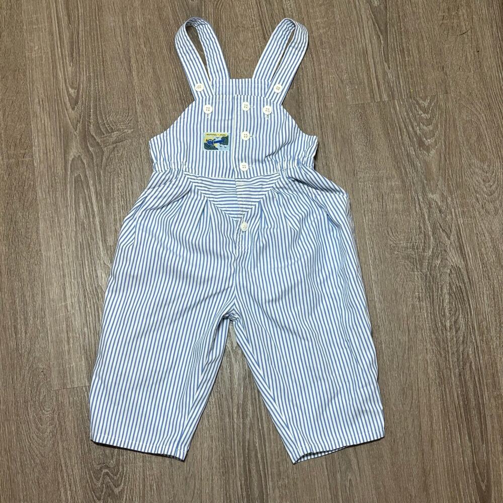 VTG Hummelsheim Hummel Mini Baby Overalls Sz 74/6-9 MonBlue White Stripe  Romper